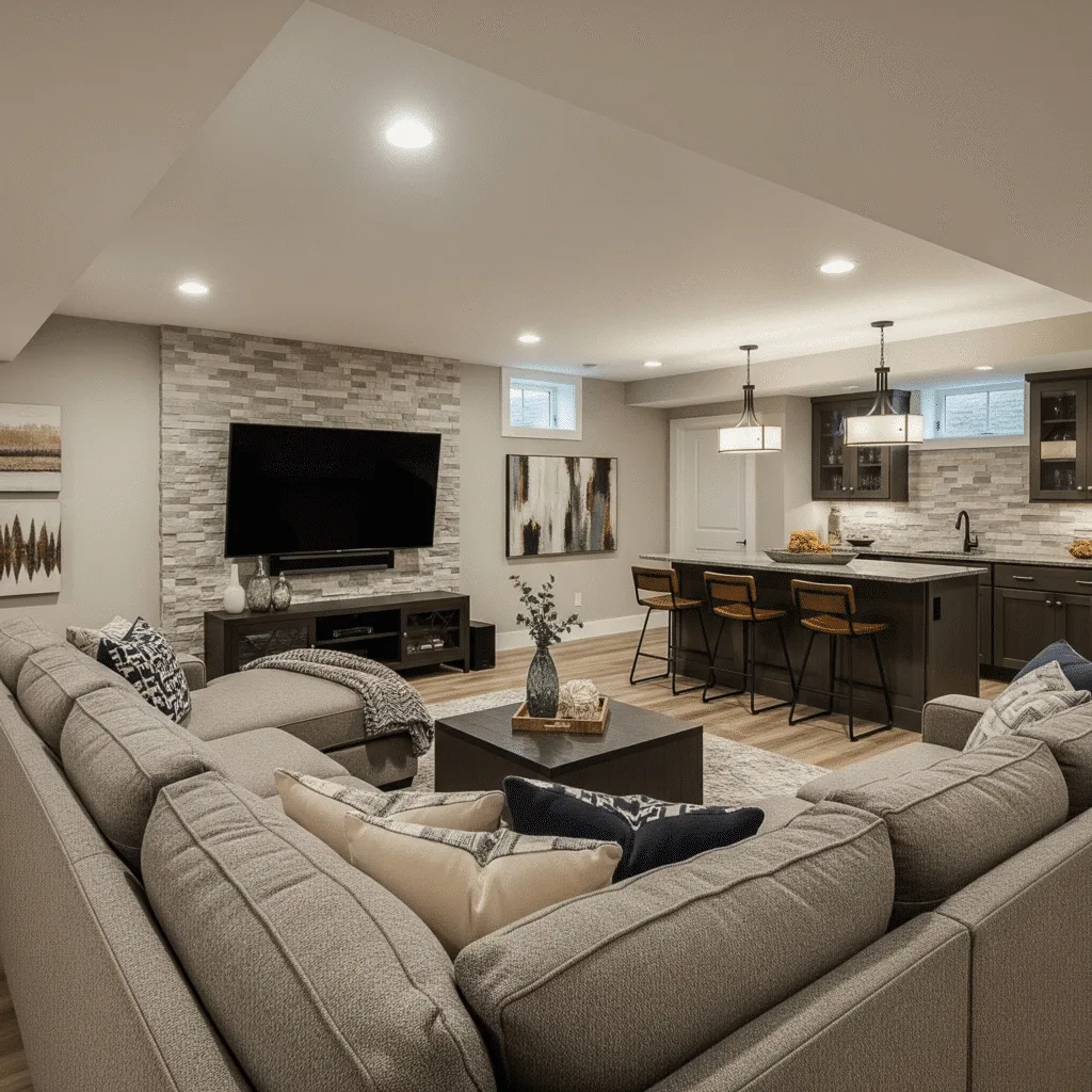 Fully finished basement living space in Georgia