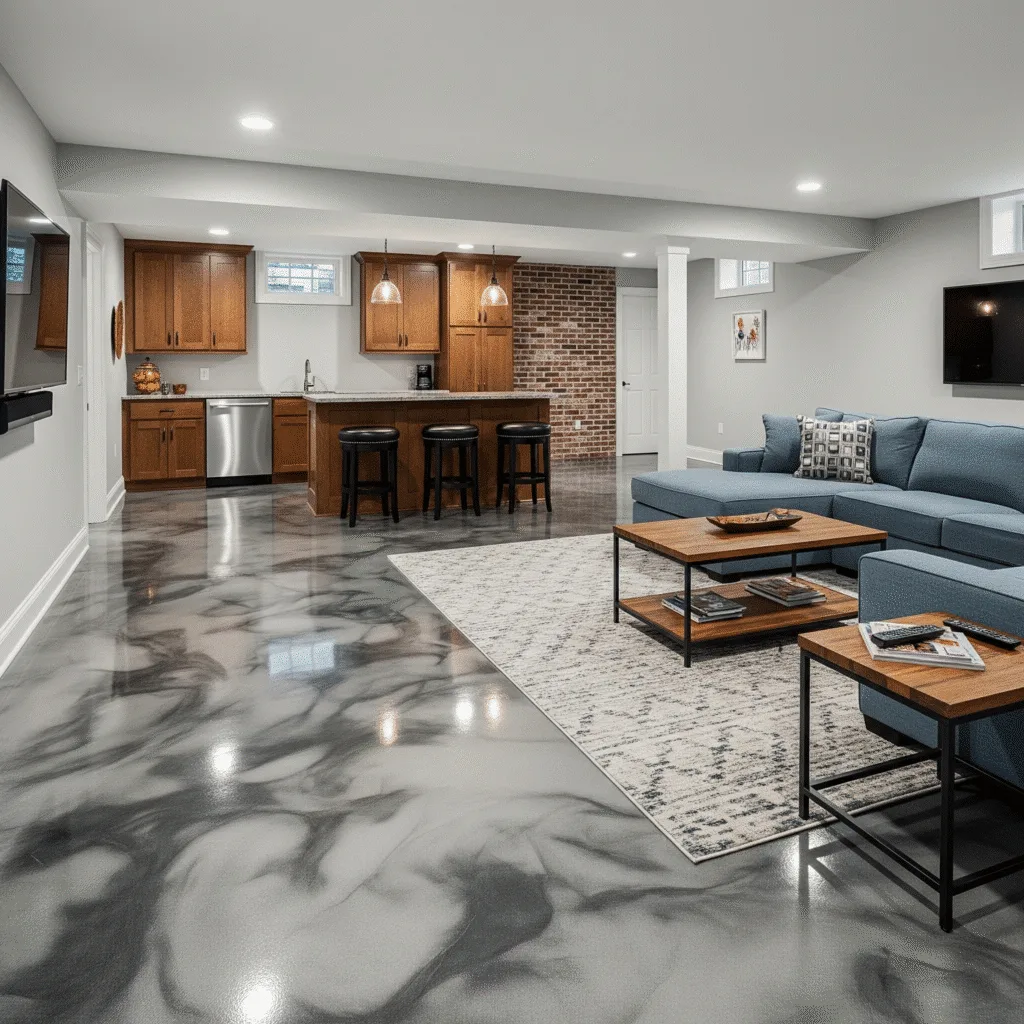 Modern epoxy-coated basement floor