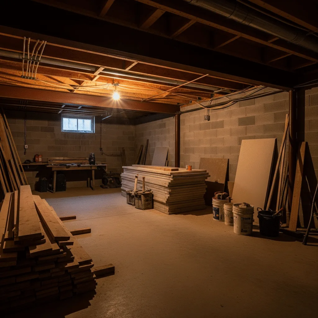 Unfinished basement in Georgia with exposed joists and mechanical systems