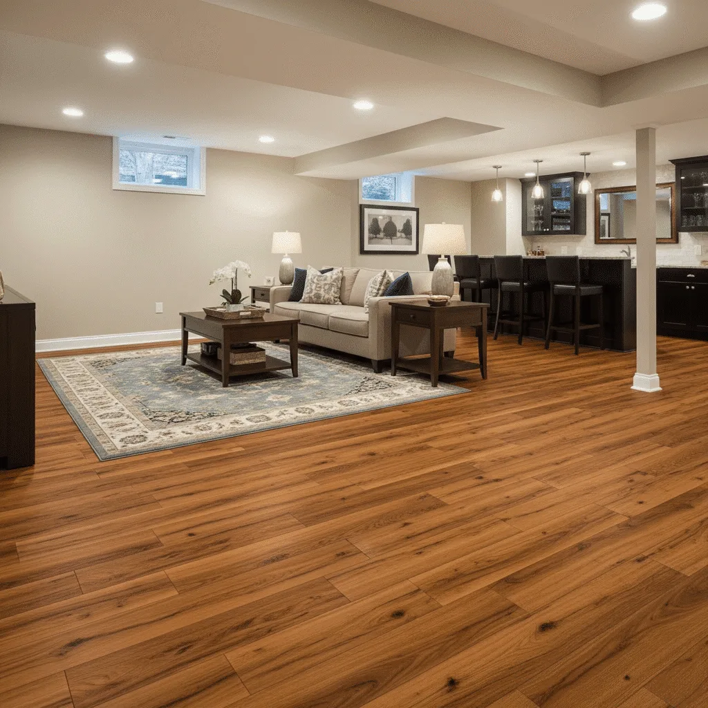 Engineered hardwood basement flooring in a luxury finished basement