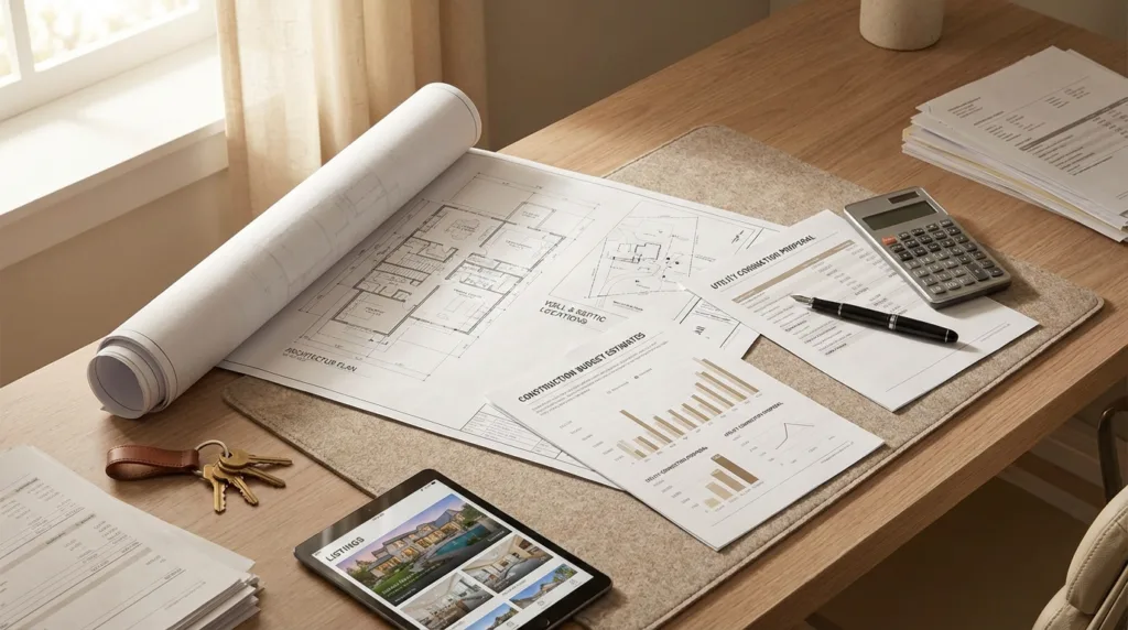 Planning workspace with floor plans, budget estimates, and home listings