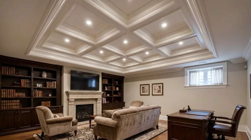 Basement living room with elegant white coffered ceiling