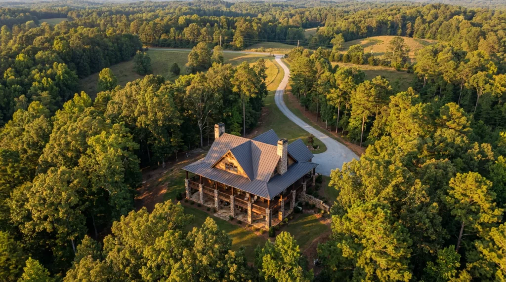 Aerial view of a rustic custom home on private wooded acreage in Georgia