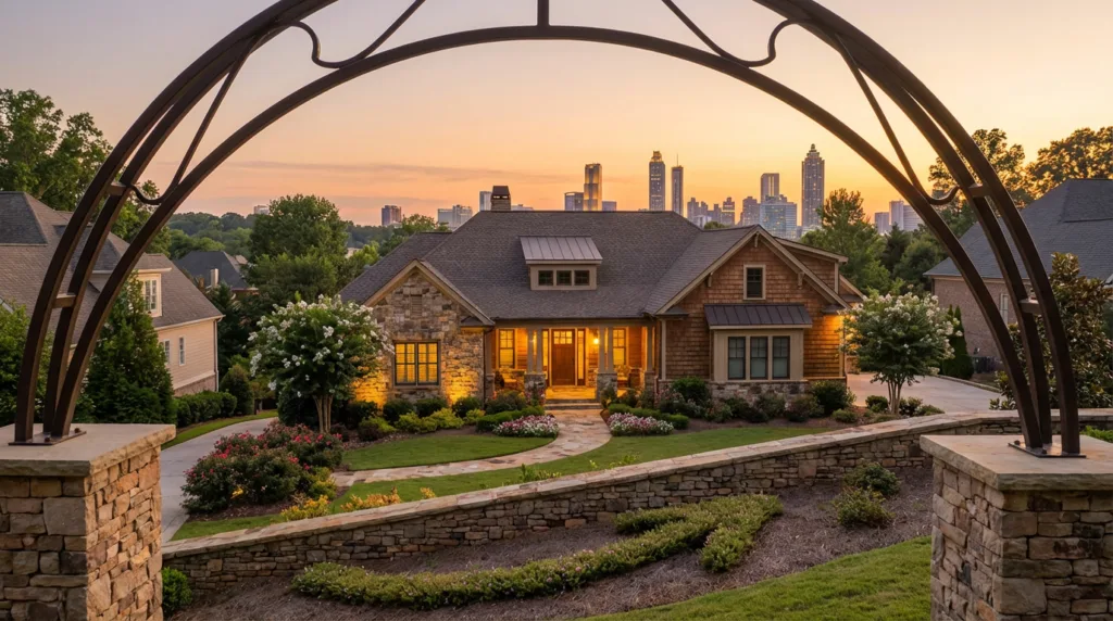 Craftsman-style home with stone and wood facade near the Atlanta skyline