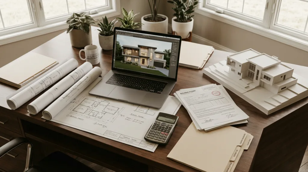 Architect reviewing custom home floor plans with clients during design consultation