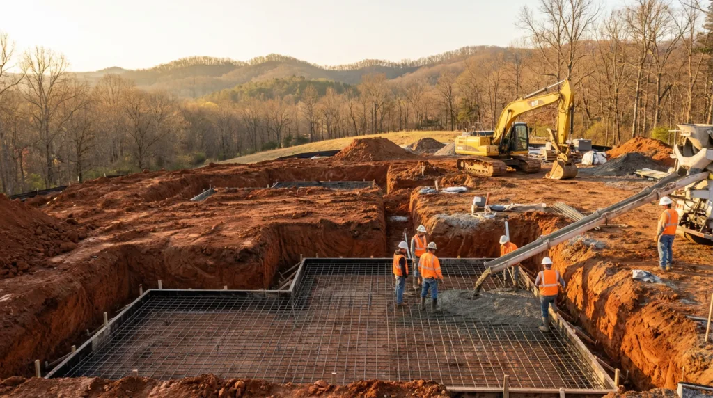 Foundation construction site in North Georgia with rebar reinforcement and red clay soil