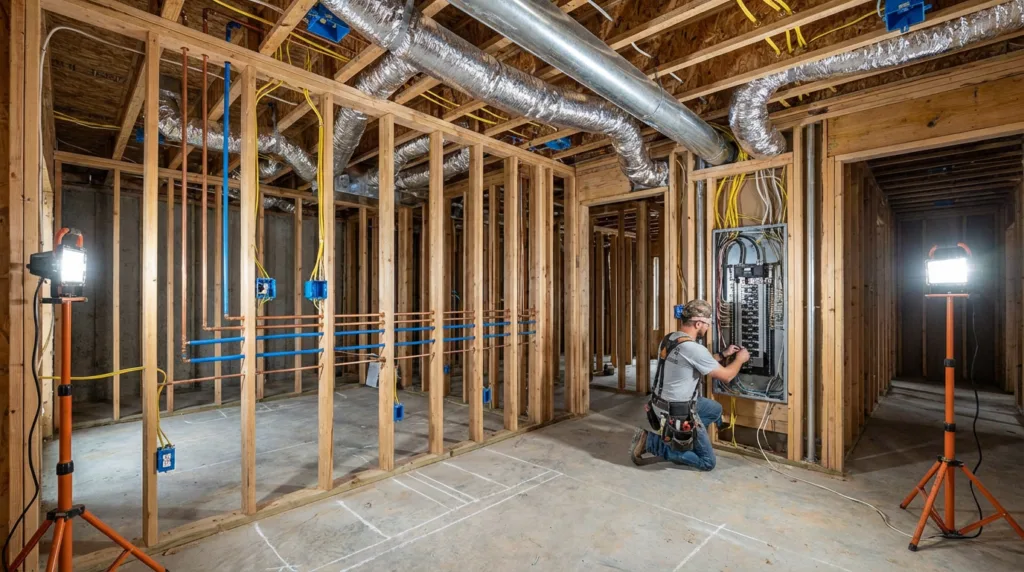 Rough-in phase showing HVAC ductwork, electrical wiring, and copper plumbing