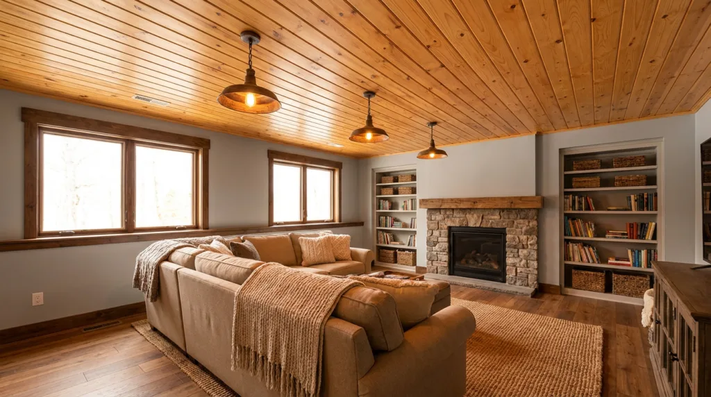 Basement living space with natural wood tongue-and-groove plank ceiling