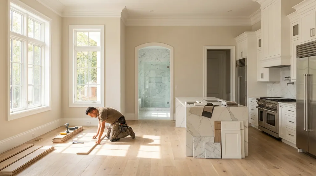 Luxury custom home interior finishes with hardwood flooring and custom cabinetry
