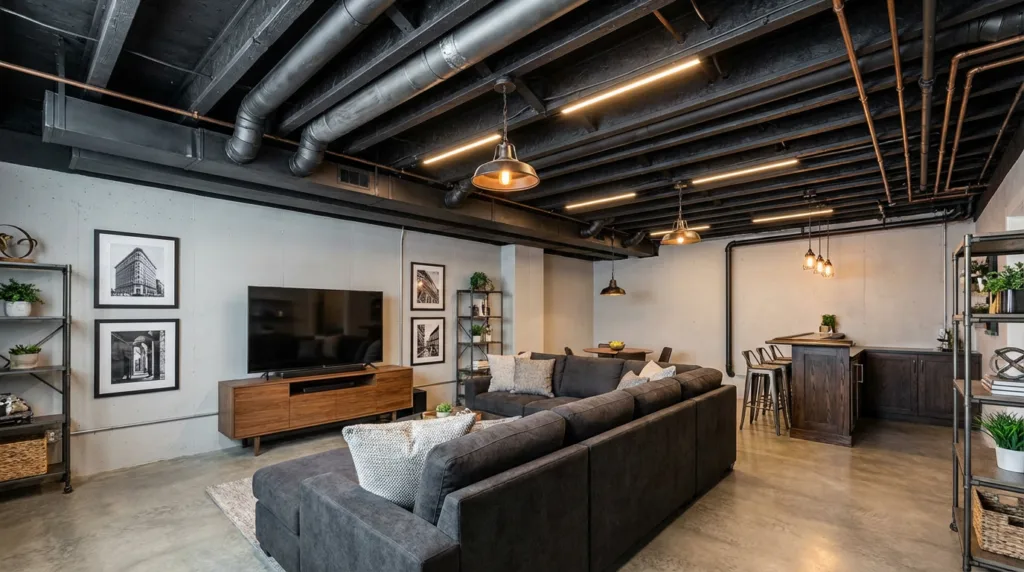 Industrial-style basement with exposed joists and ductwork painted matte black