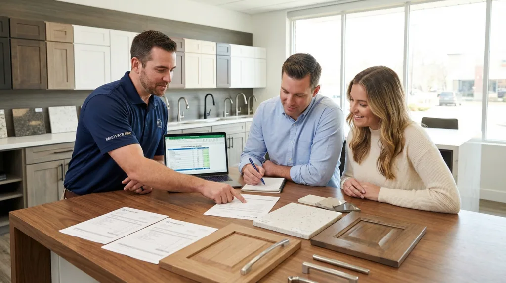 Contractor reviewing detailed line-item kitchen remodel estimates with homeowners