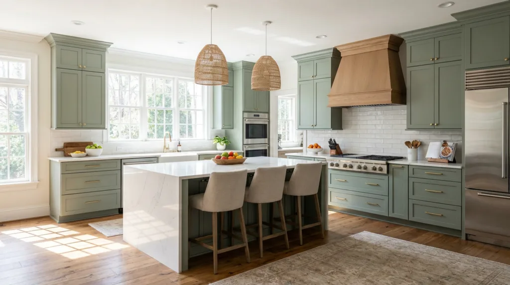 Completed Atlanta kitchen renovation with sage green cabinets and quartz countertops