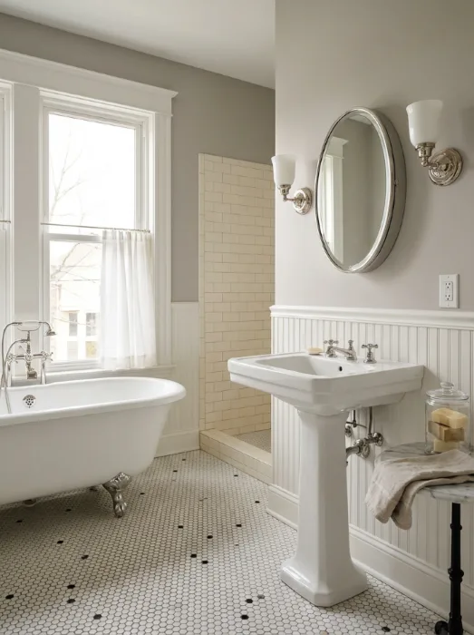 Period bathroom restoration with clawfoot tub and hex tile