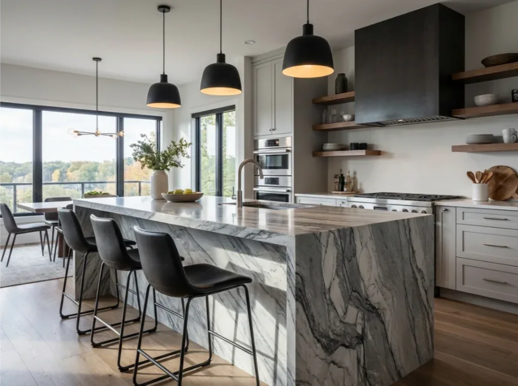 Quartzite waterfall island in a luxury Atlanta kitchen