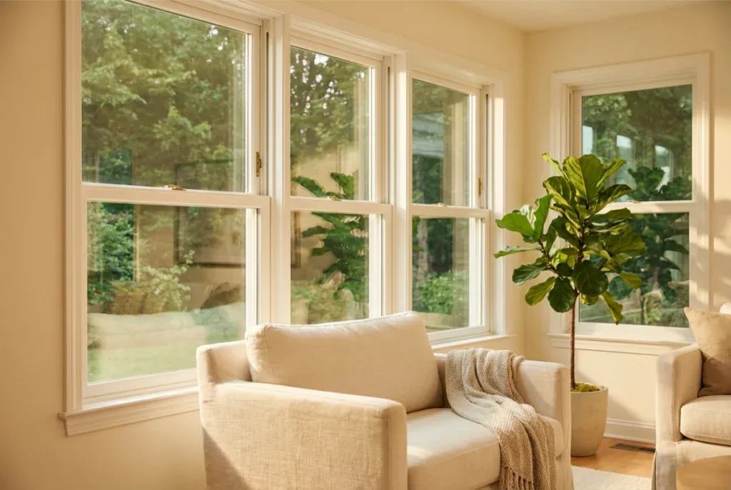 Energy-efficient living room with LED lighting in a Woodstock home