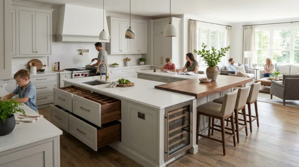 Multi-functional kitchen island serving as a command center