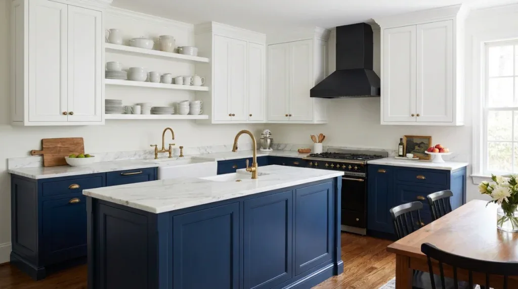 Two-tone kitchen cabinets with dark lowers and light uppers
