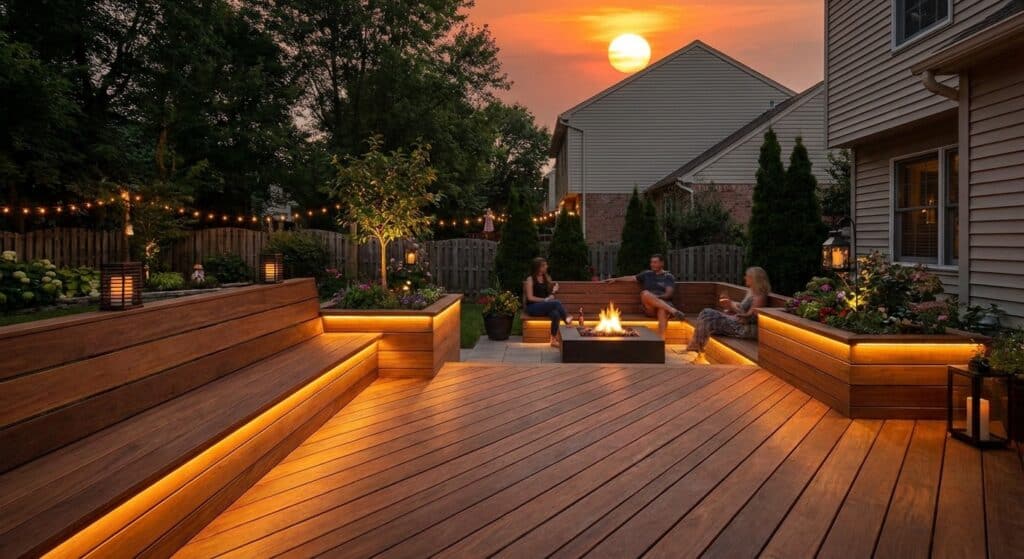 Composite deck with built-in seating and LED lighting on an Atlanta home