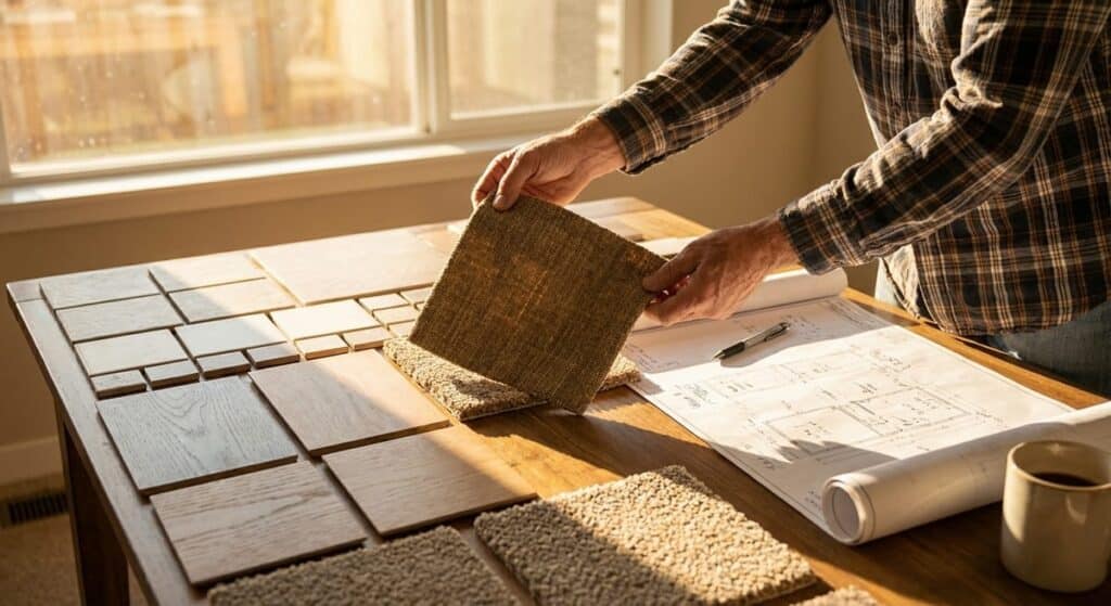 Homeowner reviewing selections with builder during construction