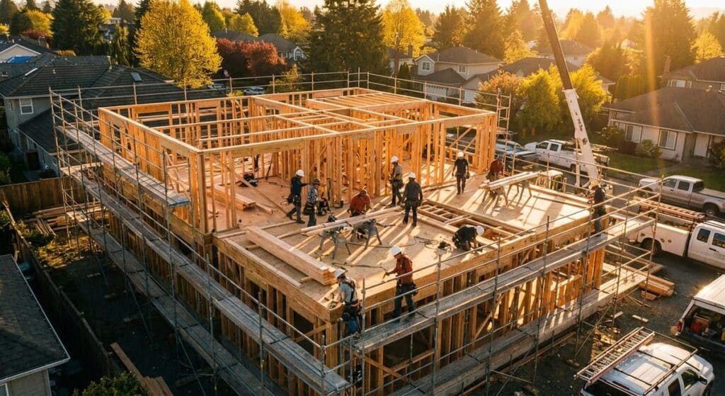 Custom home under construction in North Georgia showing framing stage