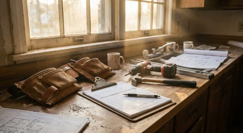 Homeowner and contractor reviewing remodeling contract documentation