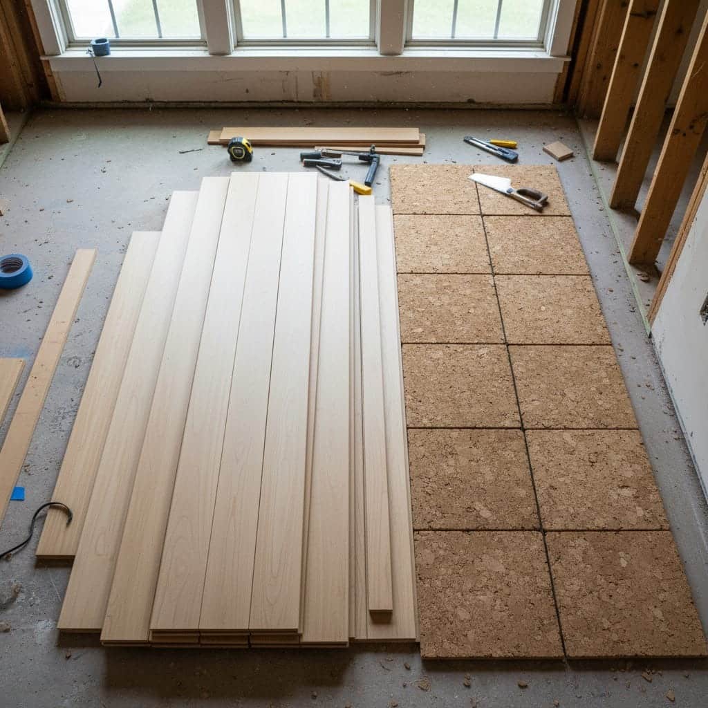 Bamboo flooring and cork tiles displayed during sustainable building material selection for Atlanta home