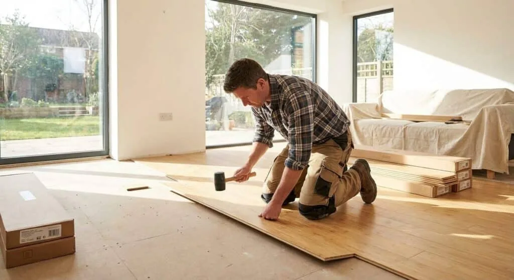 Bamboo flooring installation showing sustainable materials working in residential construction project