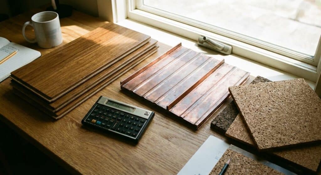Calculator with sustainable building materials including bamboo flooring and metal roofing samples showing cost comparison