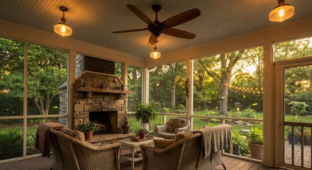 Screened porch with ceiling fan and ambient lighting showcasing popular indoor outdoor living space