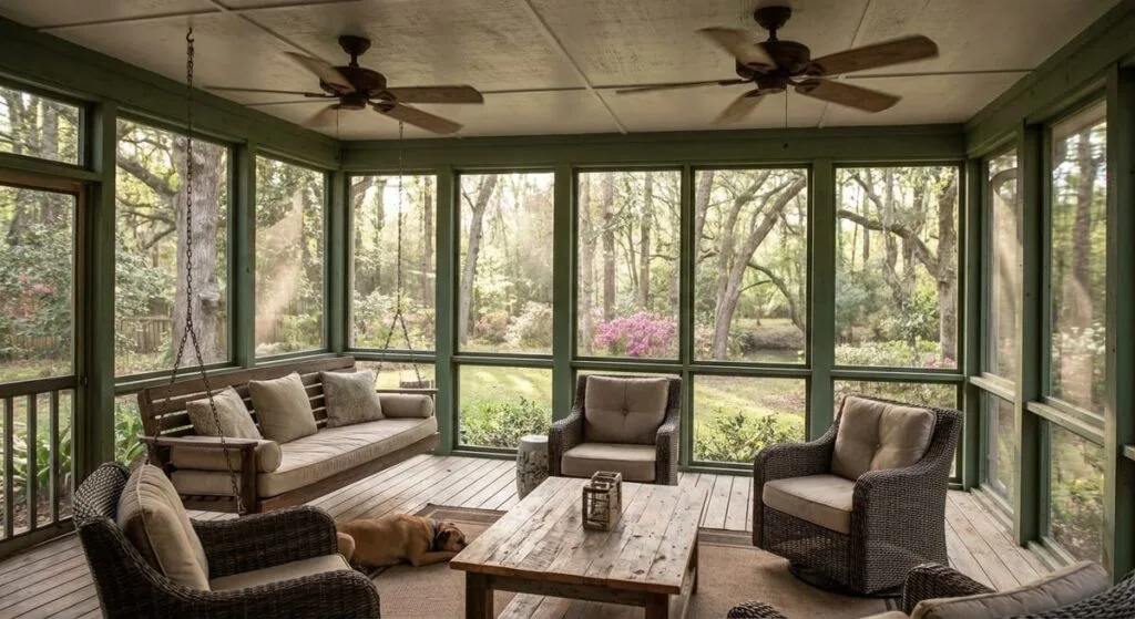 Screened porch with ceiling fans and outdoor furniture designed for Georgia's humid climate