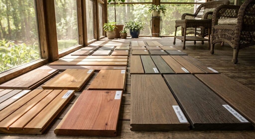 Composite and wood decking material samples displayed for indoor outdoor living space selection