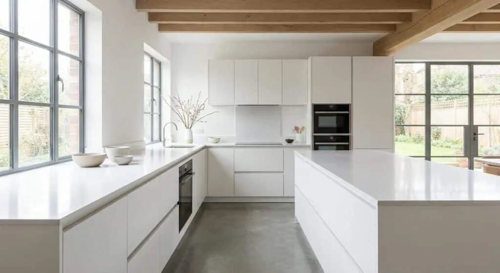 Minimalist interior with monochromatic palette and hidden storage