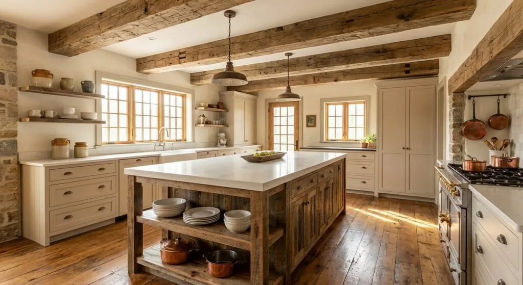 Modern farmhouse interior blending warm wood tones with clean contemporary lines
