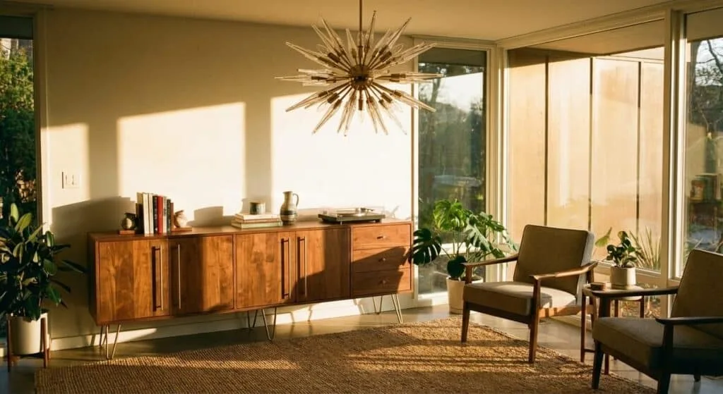 Mid-century modern living space with warm wood tones and retro accents