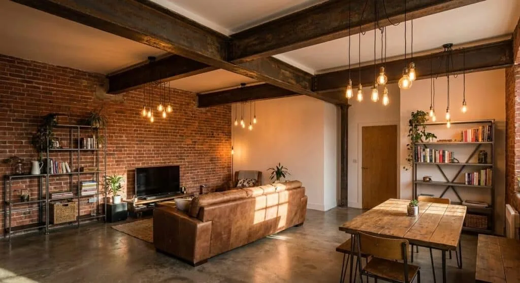 Industrial modern interior with exposed brick, concrete floors, and steel-framed windows