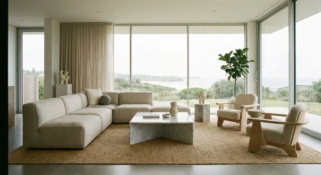 Contemporary home interior with floor-to-ceiling windows and minimalist finishes