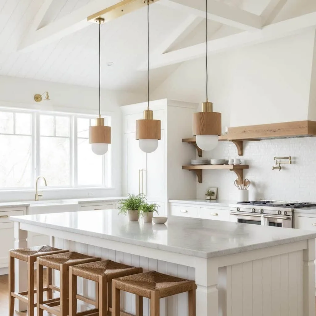 Modern farmhouse pendant lights with brass and wood accents hanging over kitchen island interior
