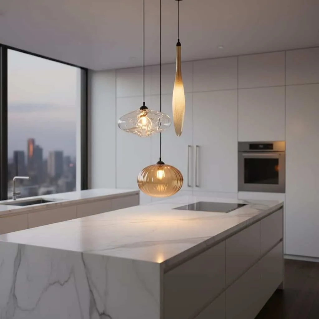 Three sculptural glass pendant lights at varied heights above kitchen island showing 2026 lighting trends