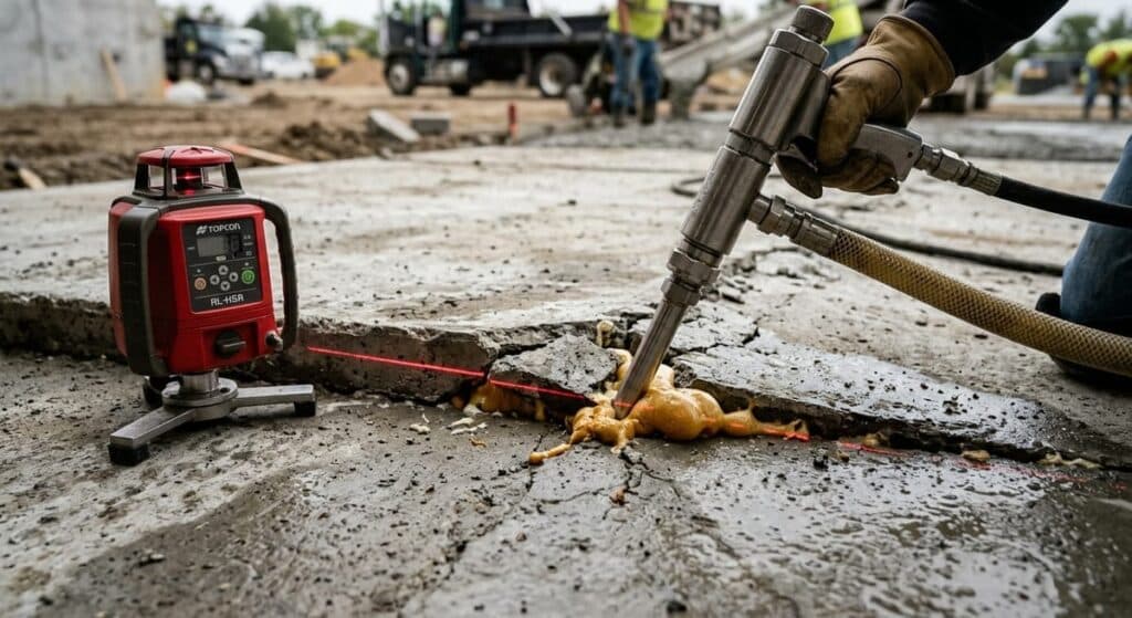 Polyurethane foam injection port in concrete slab with laser level equipment during commercial repair process