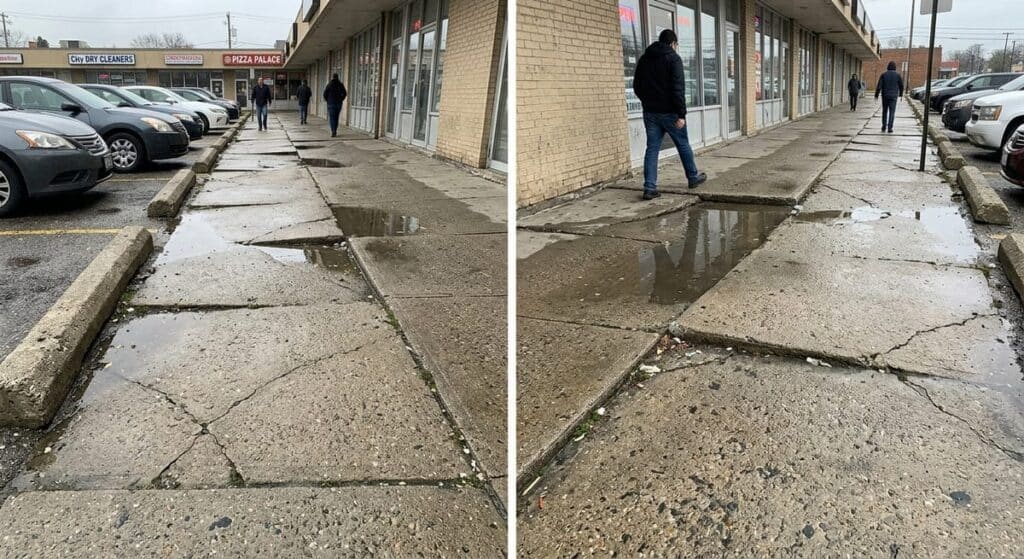 Uneven commercial concrete slabs with separation gaps, height differences, and water pooling creating safety hazards