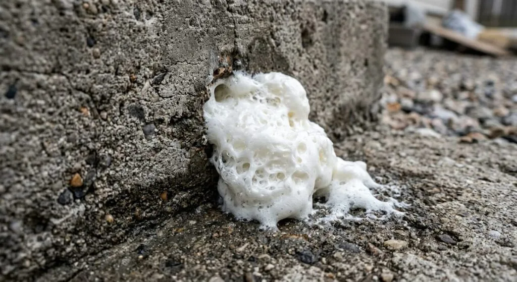 Polyurethane foam injection through drill hole in concrete slab showing foam expansion during leveling process