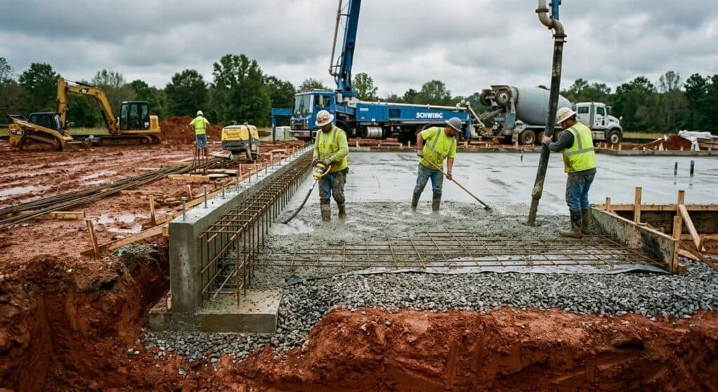 Monolithic slab foundation being poured on red clay with crushed stone base layer and thickened perimeter edges
