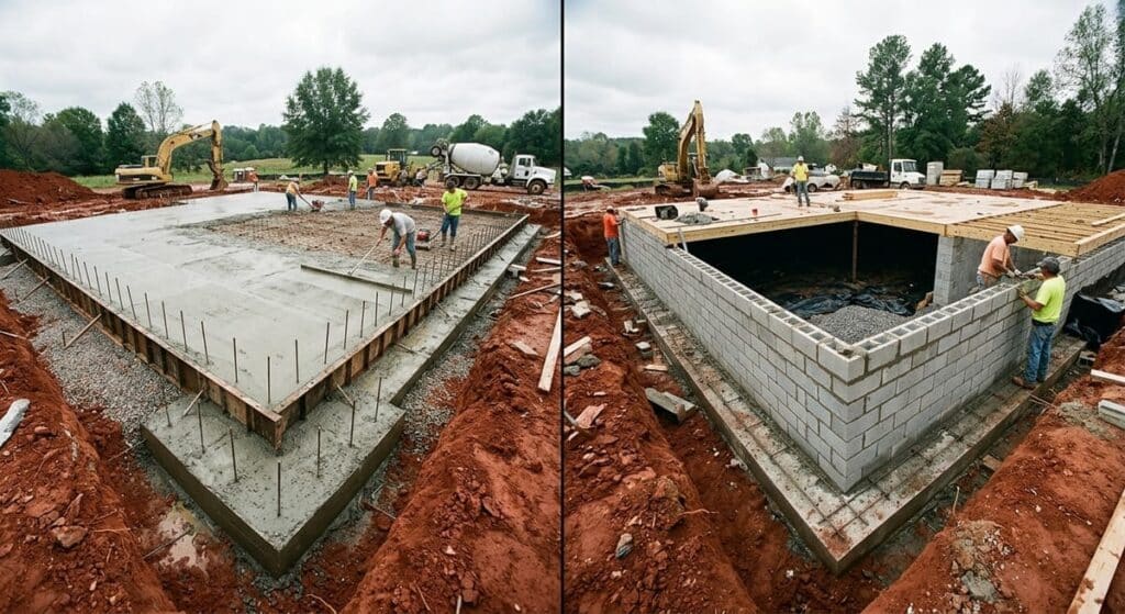 Foundation type comparison showing monolithic slab and stem wall construction methods side by side