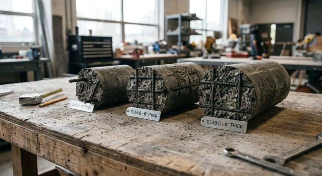 Concrete core samples showing different commercial slab thicknesses and rebar reinforcement specifications