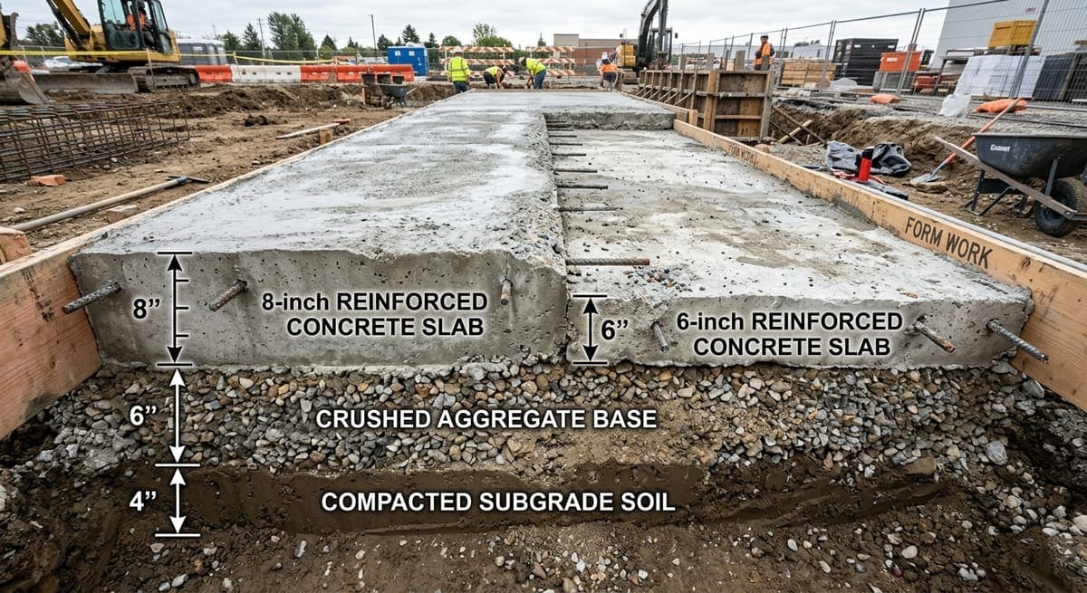 Load distribution diagram comparing slab thickness and subgrade stress spread