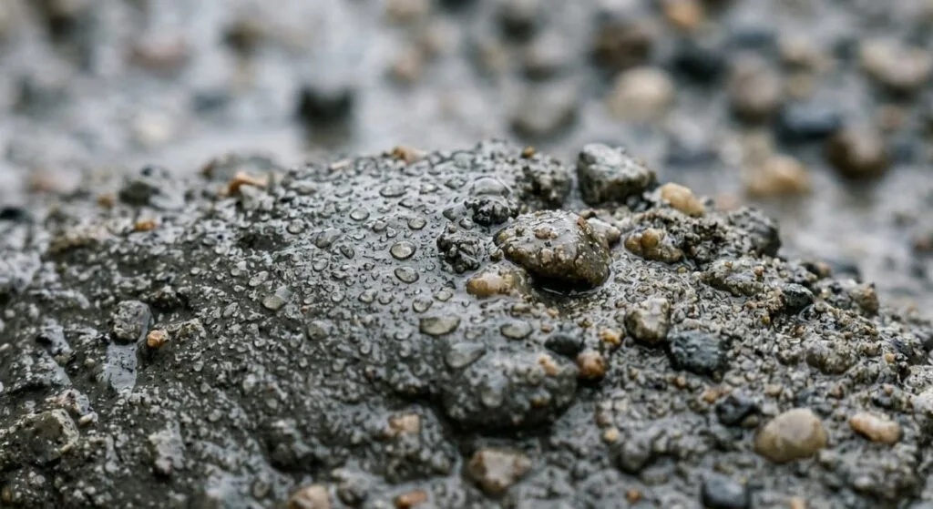 Wet concrete surface with water droplets showing hydration process during concrete curing timeline