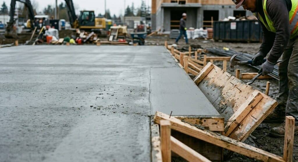 Wooden forms being removed from cured concrete slab after 48 hours showing initial set completion