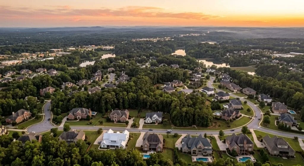Aerial view of custom home neighborhoods across North Metro Atlanta including Alpharetta, Milton and Roswell communities