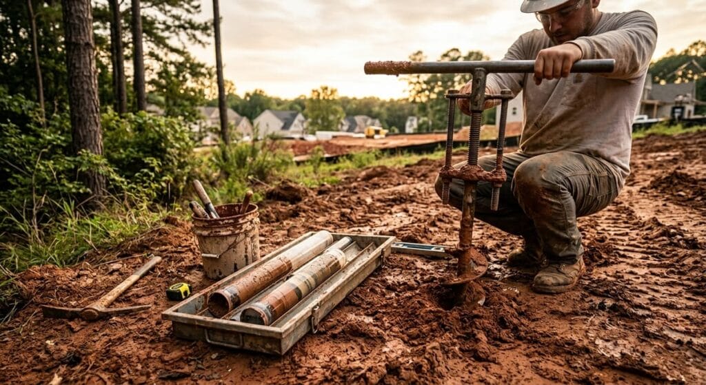 Surveying and soil testing on a North Georgia building lot