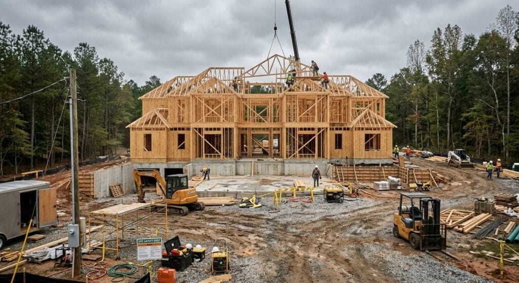 Custom home building process in Alpharetta GA showing structural framing and foundation during construction